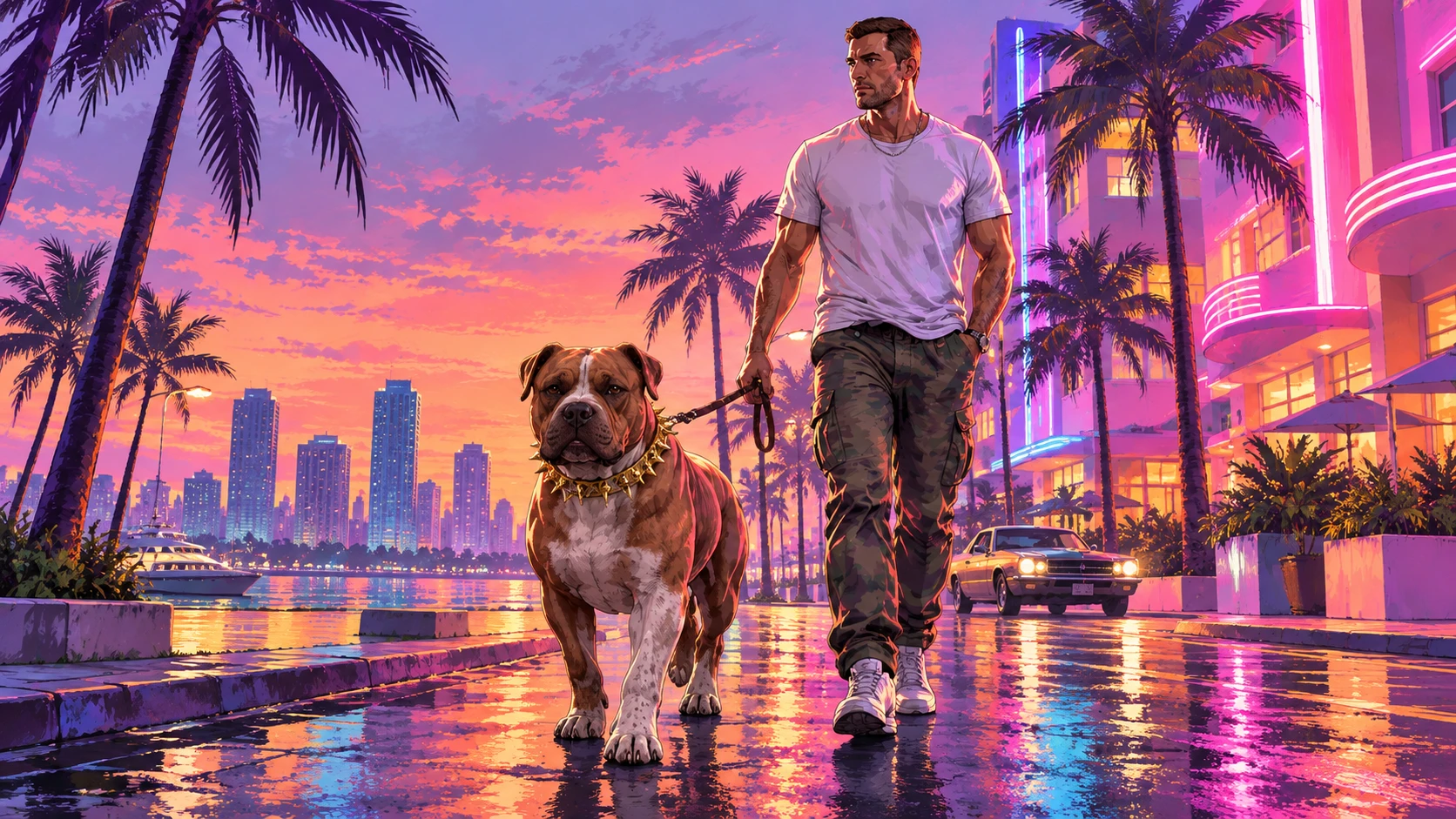 Fan artwork of Jason walking Big Guy through Vice City at sunset